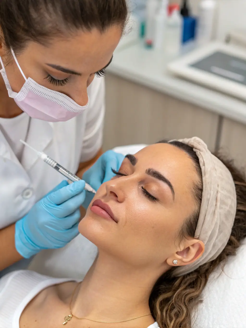 Close-up of a client receiving Botox injections in a comfortable clinic setting, representing Botox and fillers services at Elite Spa Beauty Institute.