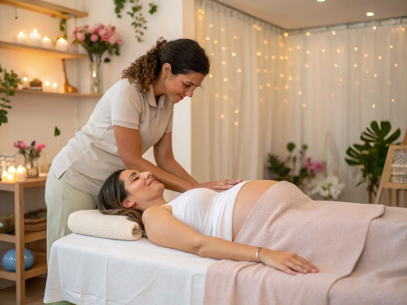 A serene spa room with soft lighting, featuring a client receiving a lymphatic drainage massage after liposuction, emphasizing the gentle and effective techniques used in post-operative care.