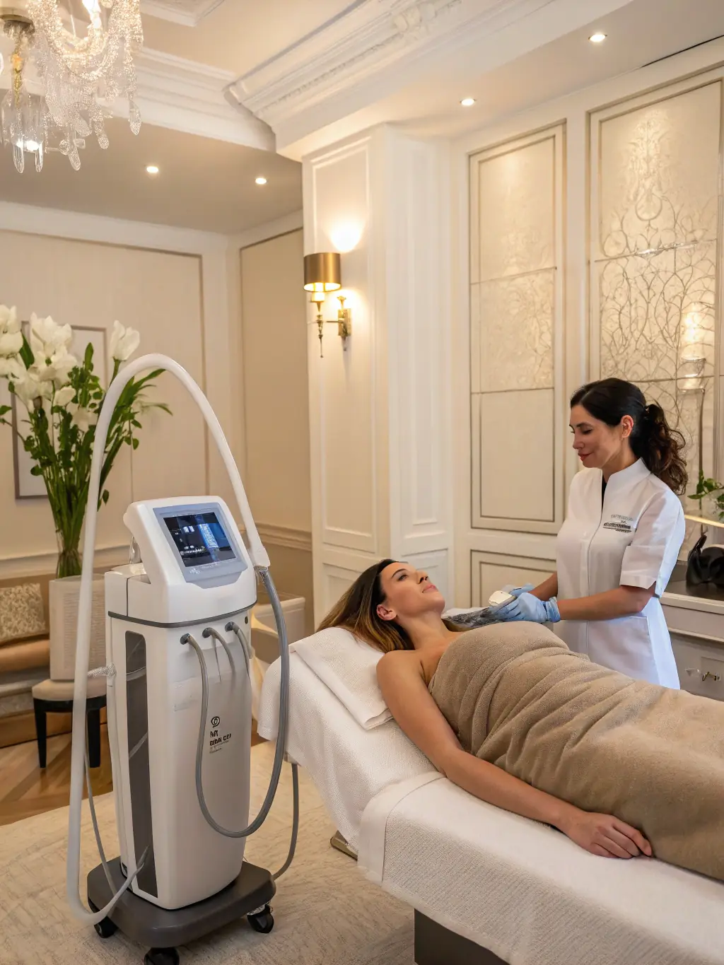 Image of a client receiving cavitation treatment with visible equipment and relaxed environment, showcasing body contouring with cavitation at Elite Spa Beauty Institute.