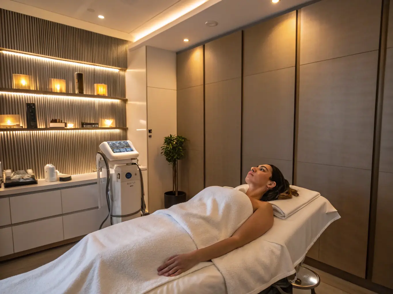 A client undergoing a non-invasive cavitation treatment, showcasing the advanced technology used to target and eliminate stubborn fat deposits for body contouring.