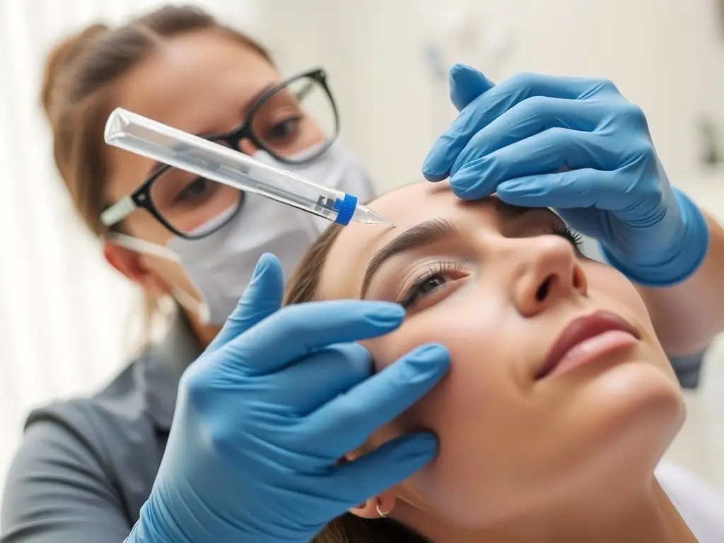 A close-up shot of a client's face during a Botox treatment, highlighting the precision and care taken by the medical professional administering the injection.
